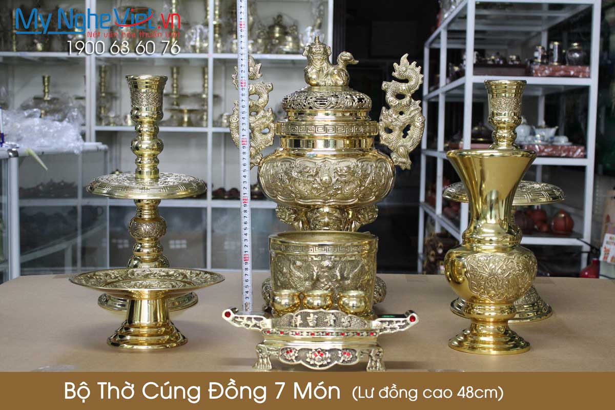 Bộ Thờ Cúng Đồng 7 Món ( Lư Đồng Cao 45cm )