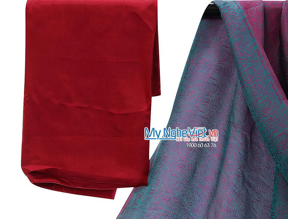Lụa áo dài Hà Đông họa tiết hoa chỉ hồng nền xanh lá MNV-LHD26