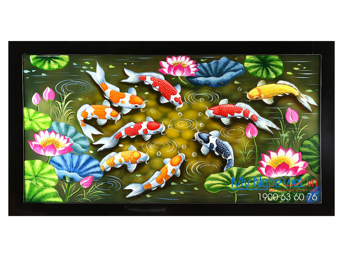 Tranh Sơn mài 3D cá sen đắp nổi 60x120 MNV-SMH3D7136