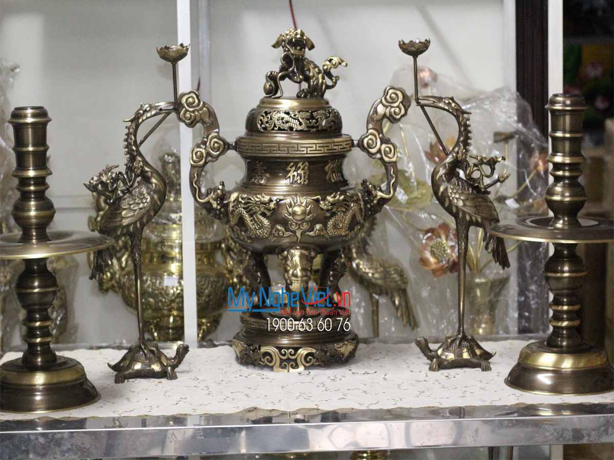 Bộ Đồ Thờ cúng Tam sự Đồng Vàng Cao Cấp Mới MNV-DD18/55