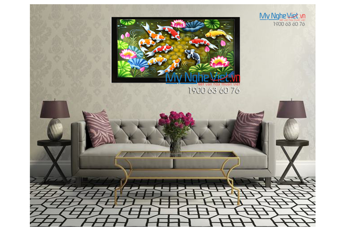 Tranh Sơn mài 3D cá sen đắp nổi 60x120 MNV-SMH3D7136